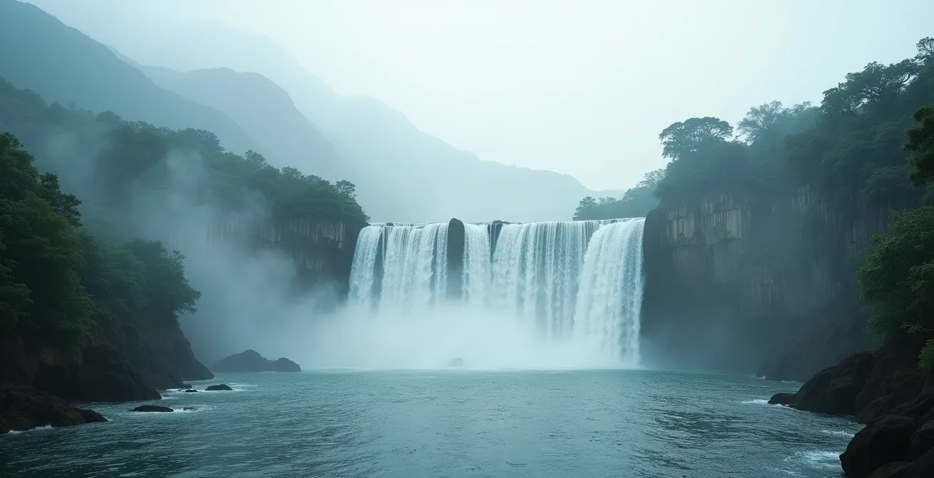 Cascade de Ban Gioc dans la brume matinale à Cao Bang