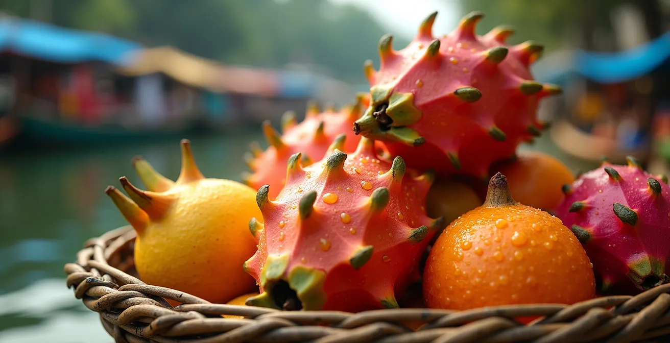 Marché flottant du delta du Mékong avec barques colorées chargées de fruits