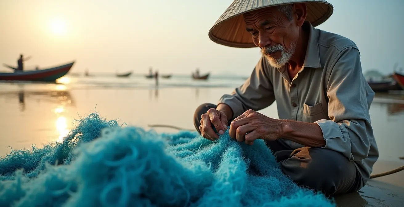 Pêcheur réparant ses filets sur la plage de Quy Nhon à l'aube